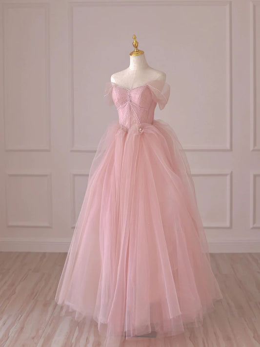 Pink Tulle Lace Long Prom Dress, Off the Shoulder Evening Dress nv1575