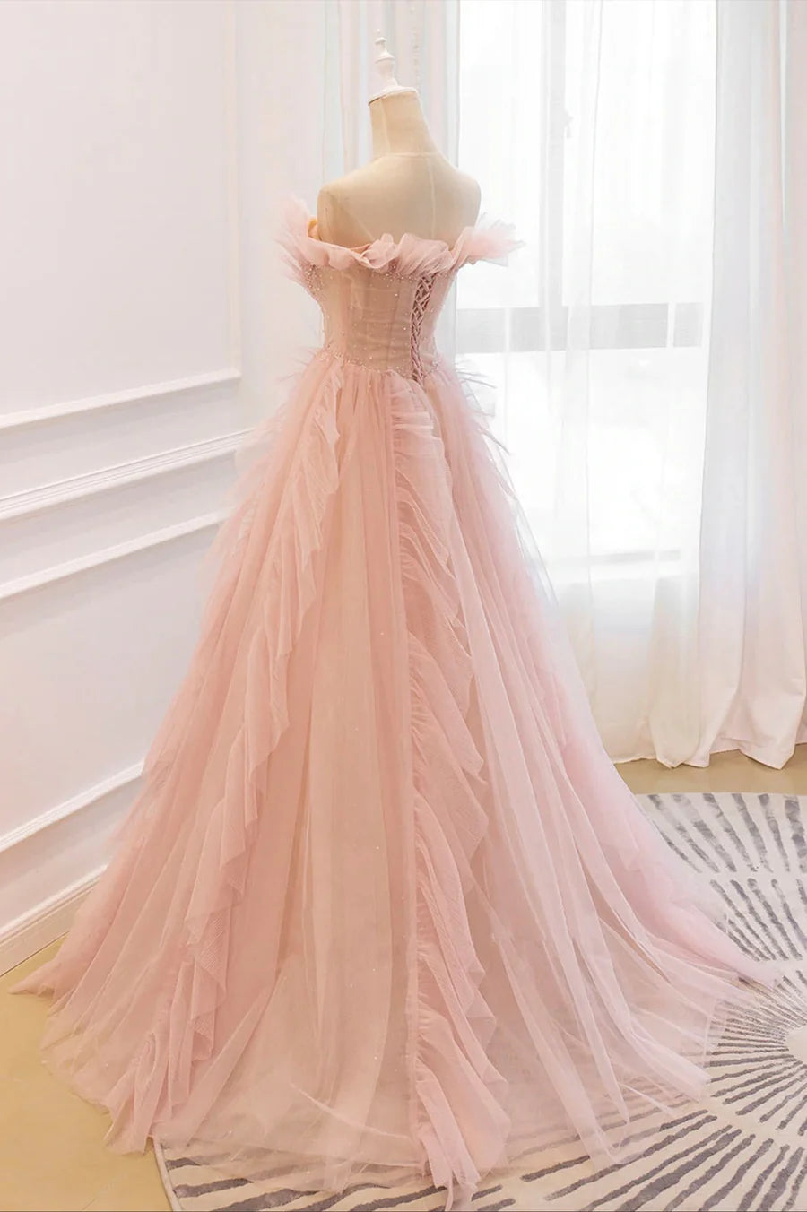 Pink Tulle Long Prom Dresses, A-Line Graduation Dresses nv1457