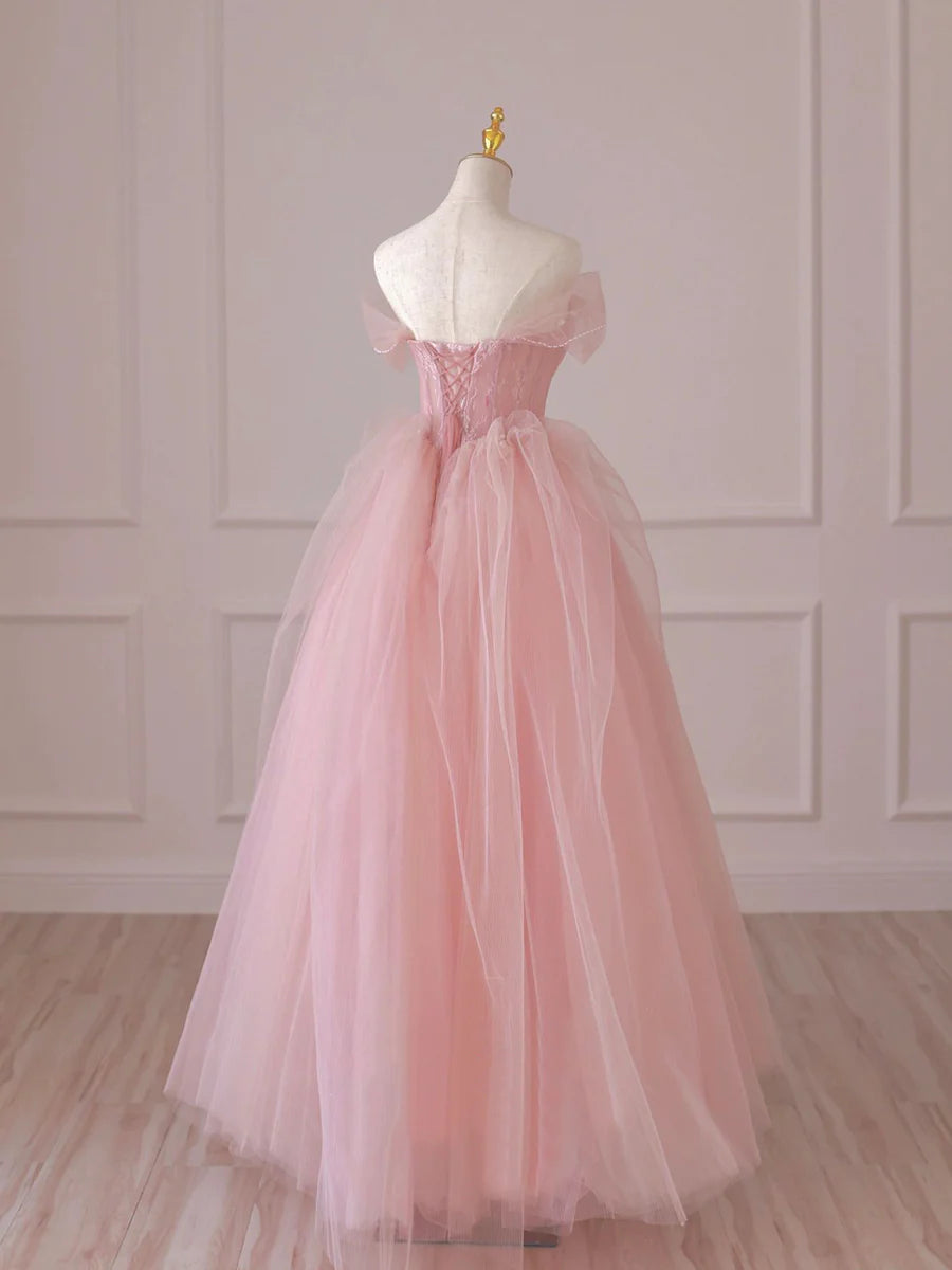 Pink Tulle Lace Long Prom Dress, Off the Shoulder Evening Dress nv1575