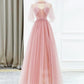 Pink Tulle Long Prom Dress with Beaded, Lovely A-Line Evening Dress nv1582