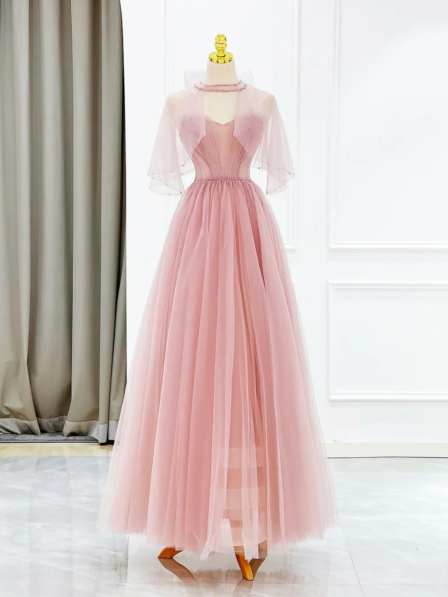 Pink Tulle Long Prom Dress with Beaded, Lovely A-Line Evening Dress nv1582