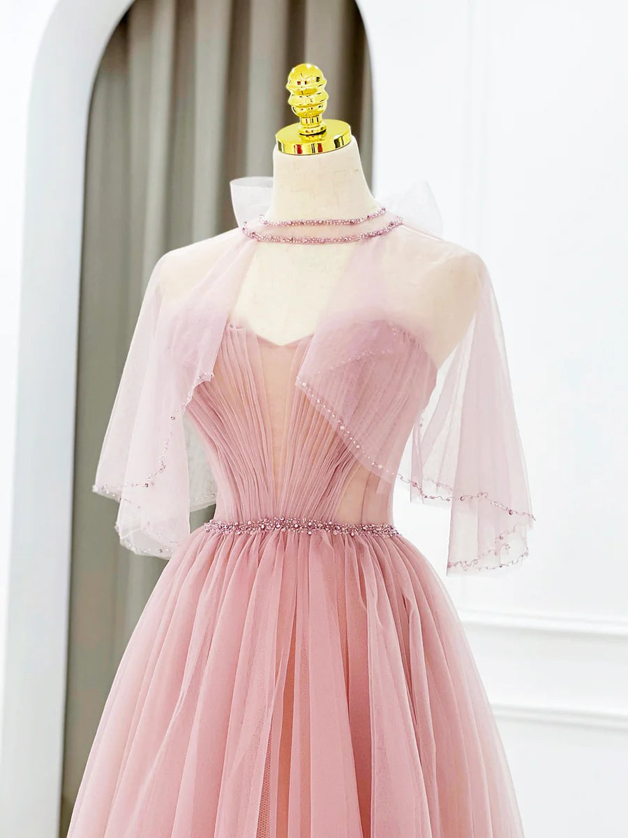 Pink Tulle Long Prom Dress with Beaded, Lovely A-Line Evening Dress nv1582