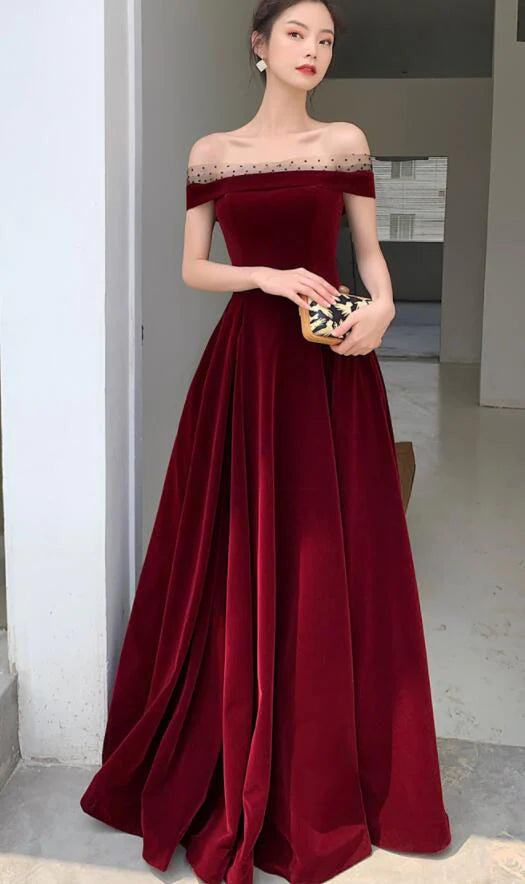 Elegant Burgundy Velvet A-Line Tie Floor Length Party Dress Deep Red Evening Gown Prom Dress nv1792