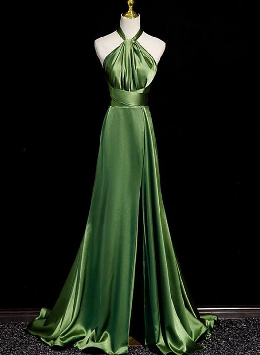 Green Soft Satin Halter Long Evening Dress Party Dress, Green A-Line Prom Dress nv1593