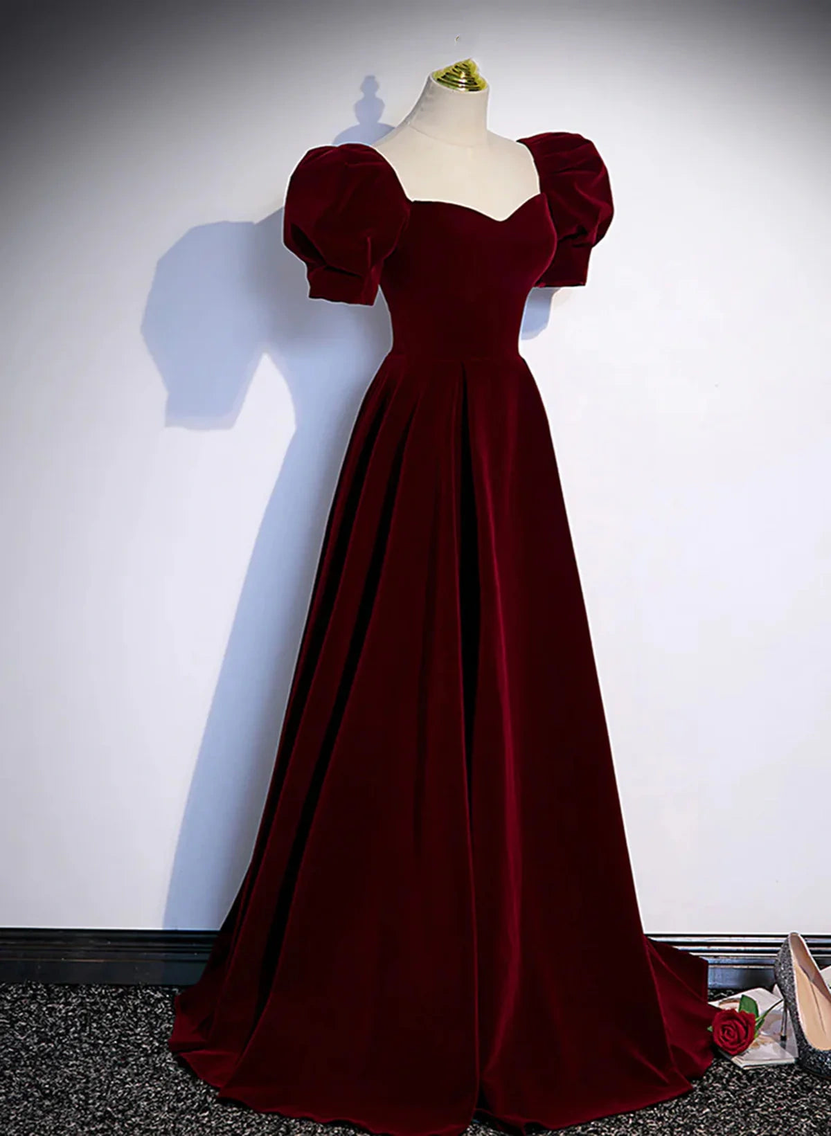 Beautiful Burgundy A-line Velvet Long Party Dress Prom Gown Evening Gown nv2131