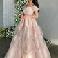 Pink Sweetheart Neck Short Sleeve Off-the-shoulder Long Tulle Evening Dress Princess Dress Formal Floor-length Satin with Pleats nv3151