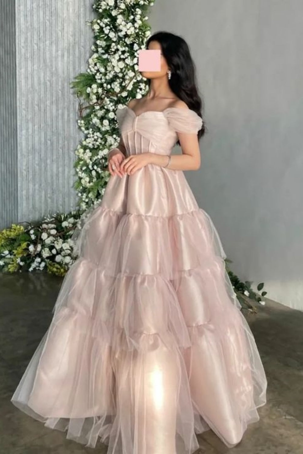 Pink Sweetheart Neck Short Sleeve Off-the-shoulder Long Tulle Evening Dress Princess Dress Formal Floor-length Satin with Pleats nv3151