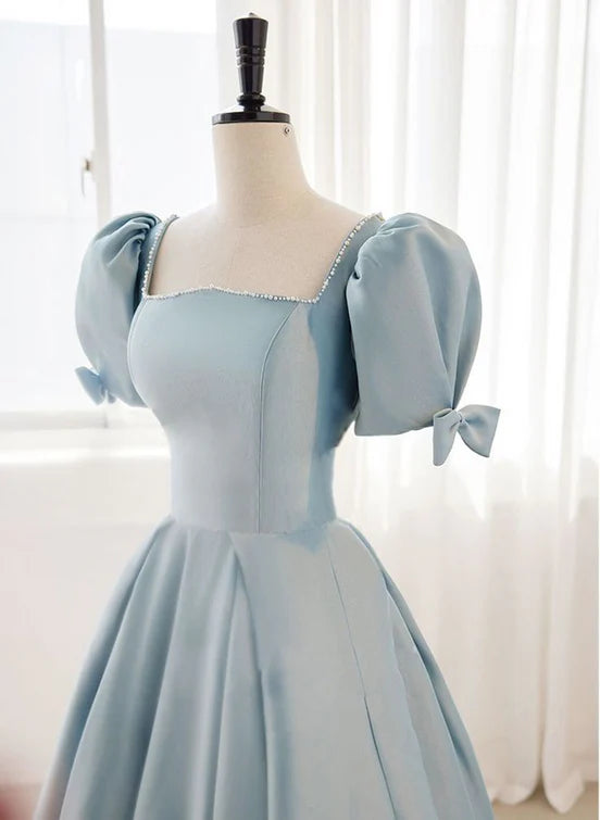 Blue sweet elegant satin A-line short sleeves bow puff sleeves simple floor-length ball gown evening dress party dress nv2565