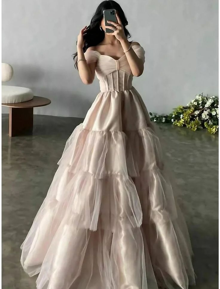 Pink Sweetheart Neck Short Sleeve Off-the-shoulder Long Tulle Evening Dress Princess Dress Formal Floor-length Satin with Pleats nv3151