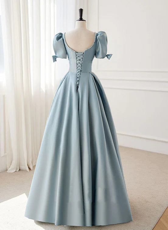 Blue sweet elegant satin A-line short sleeves bow puff sleeves simple floor-length ball gown evening dress party dress nv2565