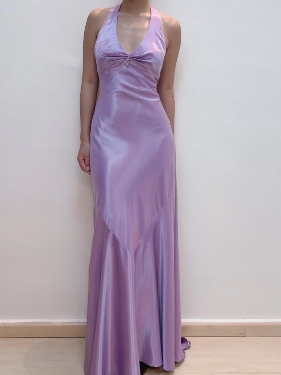 Robe de soirée longue en satin violet vintage avec col en V et strass nv2333