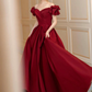 Burgundy short sleeve sweetheart neckline elegant A-line long satin ball gown evening dress nv3211