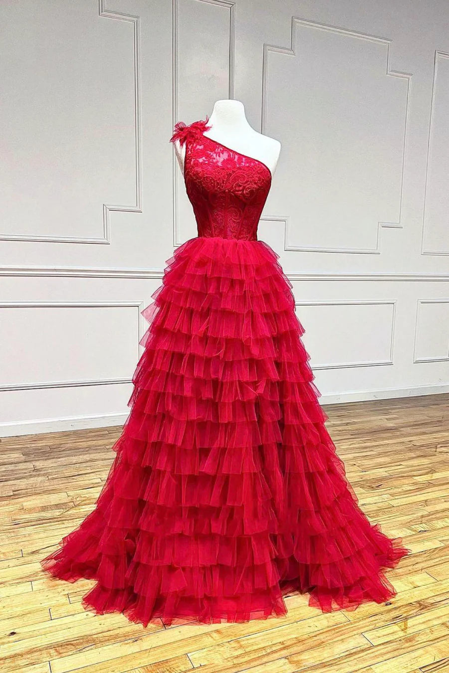 Red Tulle Lace Long Prom Dresses, One Shoulder Evening Dresses nv1543