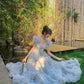 White colorful spots ruffle puff sleeve tulle long evening dress garden party dress nv2886