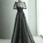 Black Elegant Tulle Puffy Short Sleeve A-Line Long Ball Gown Evening Dress Party Dress nv2479