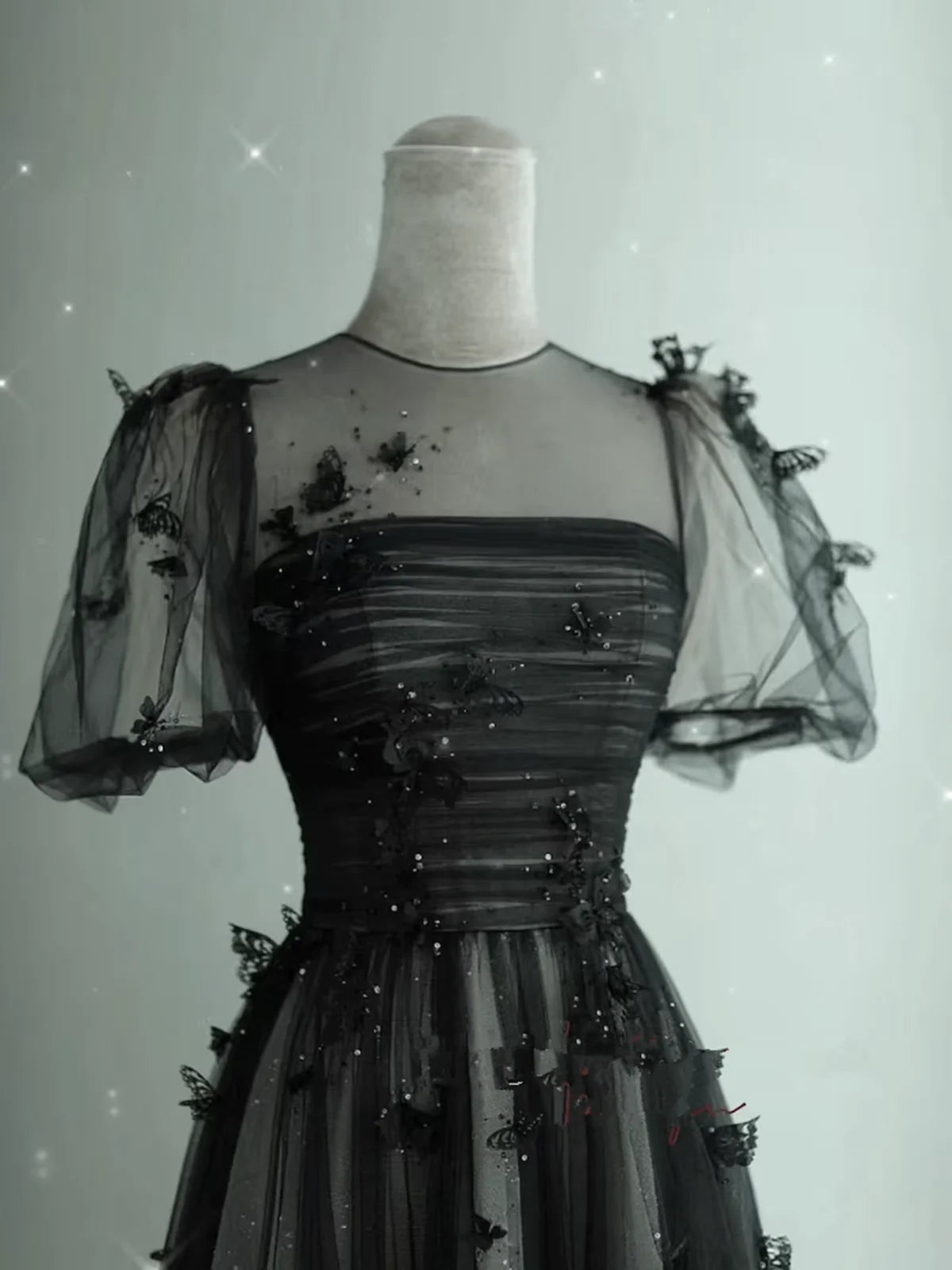 Black Elegant Tulle Puffy Short Sleeve A-Line Long Ball Gown Evening Dress Party Dress nv2479