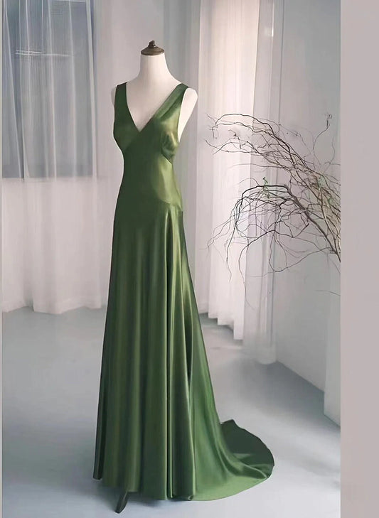 A-Line Green Satin V-Neck Low Back Prom Gown Evening Dress Party Dress nv1779