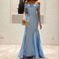 Blue Simple Fashion Elegant Shiny Mermaid Off-the-shoulder Long Sleeves Long Prom Dress Party Dress Evening Gown Sleeves with Sequins nv2556