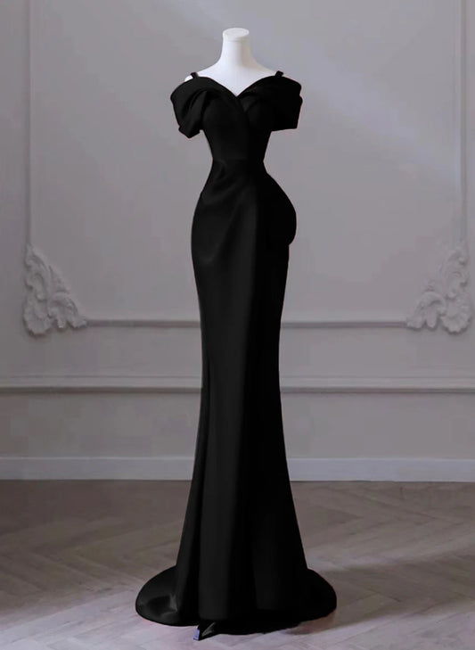 Black Mermaid Sweetheart Off Shoulder Prom Dress, Black Satin Evening Dress nv1660