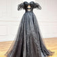 Black A-Line Off Shoulder Tulle Long Prom Dress, Black Formal Evening Dress nv1523