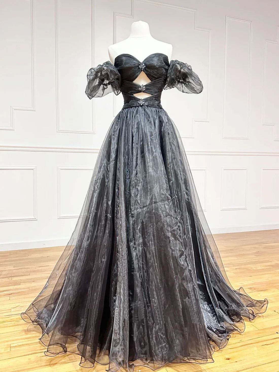 Black A-Line Off Shoulder Tulle Long Prom Dress, Black Formal Evening Dress nv1523