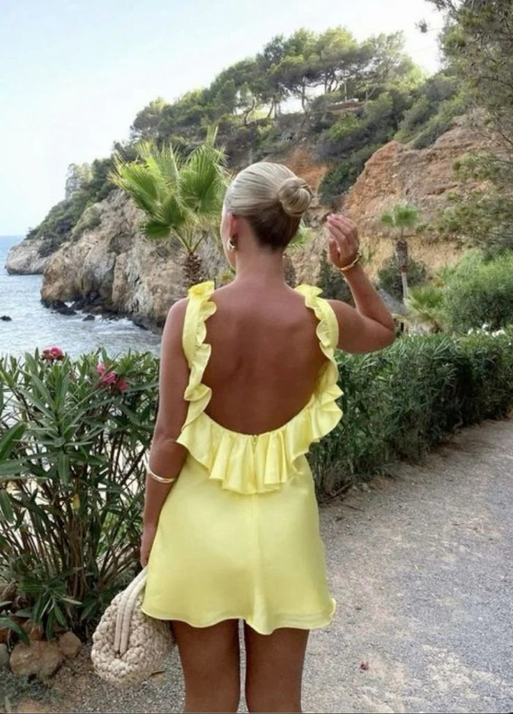 Yellow backless ruffled stylish short homecoming dress party dress nv2214