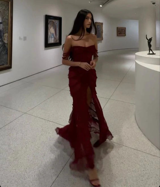 Burgundy strapless elegant and charming tulle long slit evening dress prom dress party dress prom dress to impress nv2580