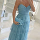 Elegant and charming A-line V-neck blue tulle long evening gown ball gown nv2923