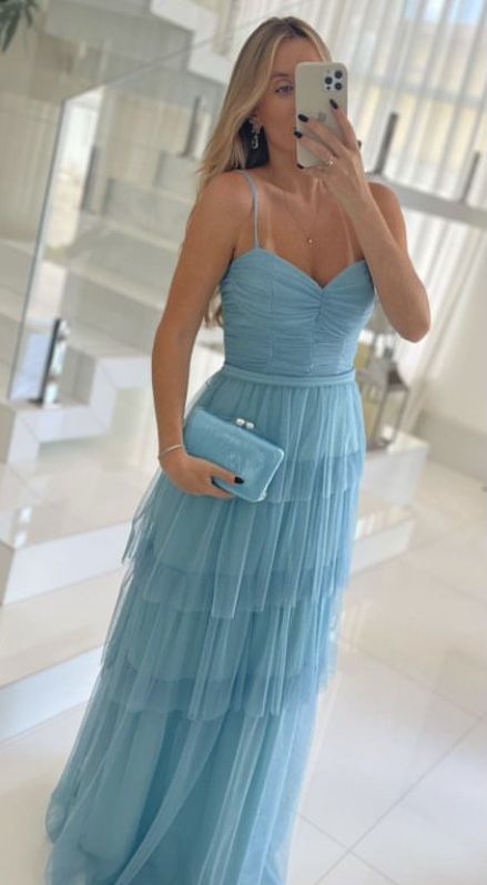 Elegant and charming A-line V-neck blue tulle long evening gown ball gown nv2923