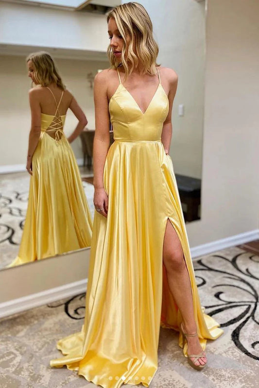 Yellow V-Neck Long Backless Prom Dress With Criss-Cross Straps nv1632
