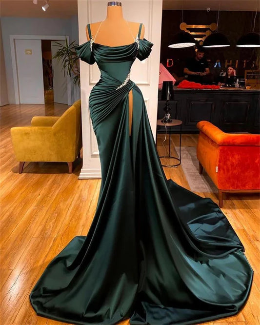 Dark Green Gorgeous Fashion Sexy Spaghetti Straps Ruffled Long Satin Floor Length Train Formal Mermaid Ball Gown Evening Dress Party Dress nv3657