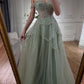 Green tulle shiny sequins sweetheart neck long prom dress evening dress nv2709