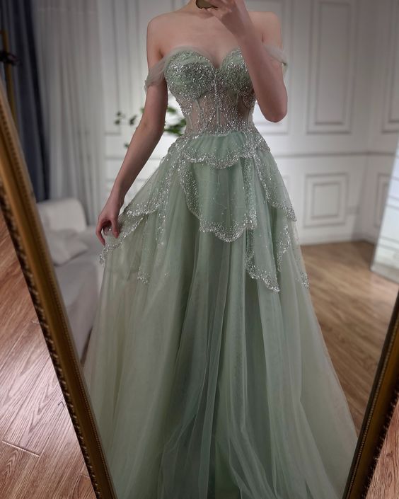 Green tulle shiny sequins sweetheart neck long prom dress evening dress nv2709