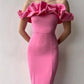 Red/Pink Ruffle Neckline Long Fitted Satin Ball Gown Evening Dress nv3152