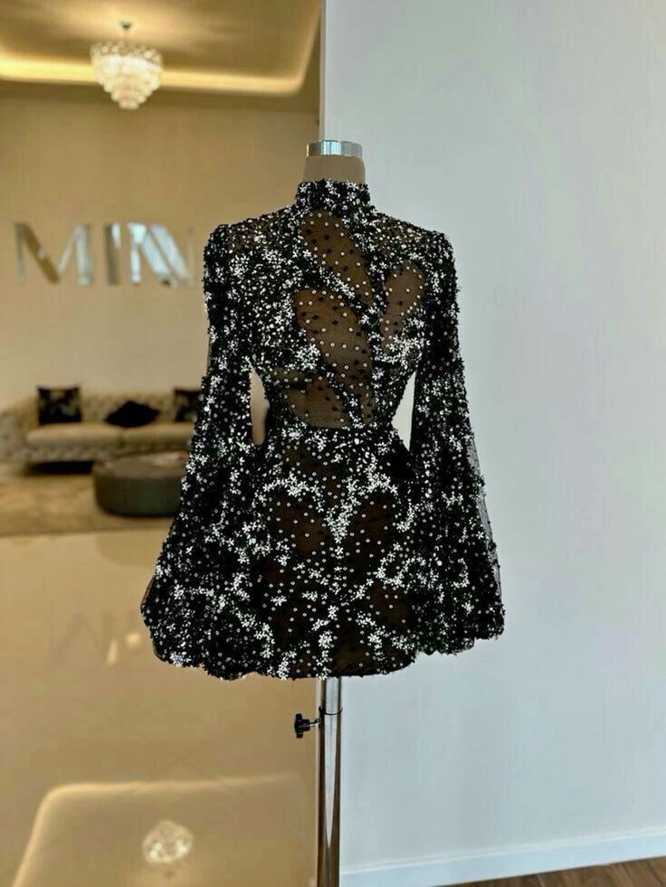 Robe de soirée noire magnifique et unique à paillettes brillantes, à manches courtes et longues, transparente, robe de bal, robe de soirée nv3232