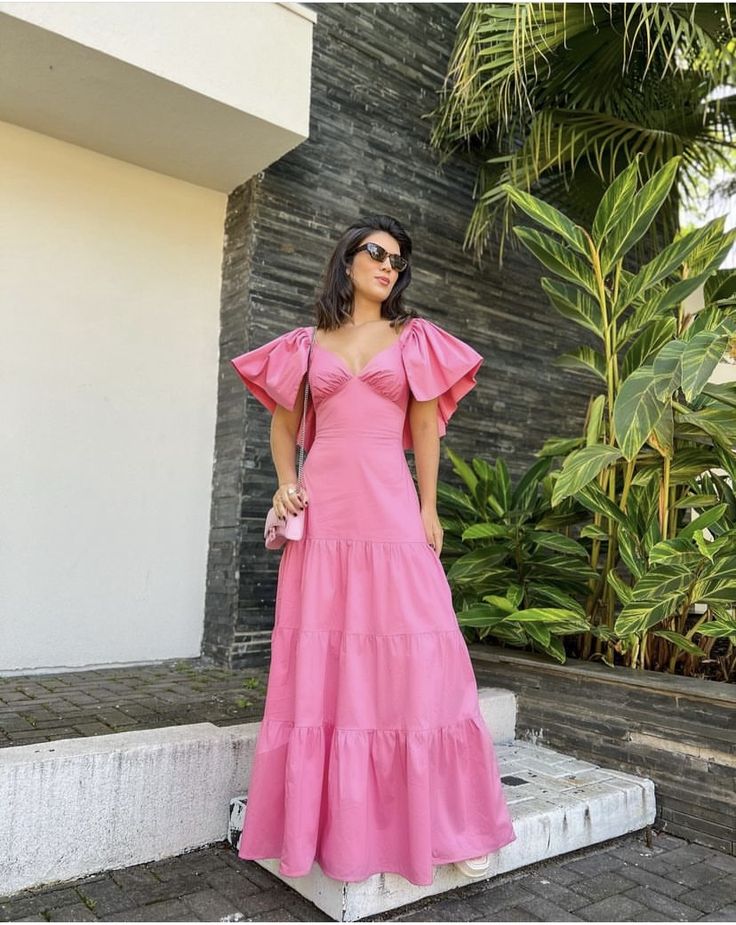 Pink V-neck satin long evening gown wedding guest party dress nv3121