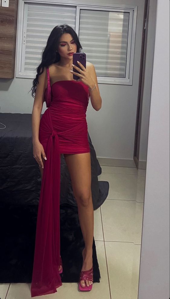 Rose red fashion tube top off shoulder simple slim irregular short mini homecoming dress party dress evening dress birthday dress nv2399