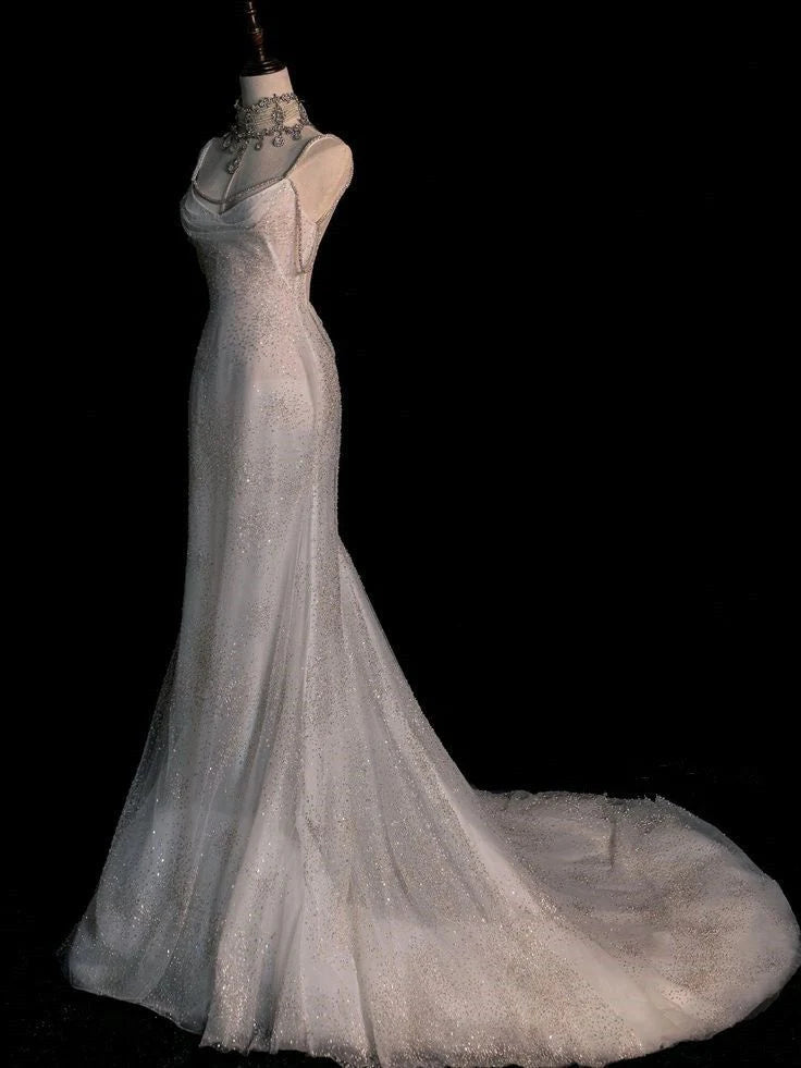 Robe de soirée longue à bretelles en strass blanc et paillettes brillantes, à la mode et élégante, robe de fiançailles nv3128