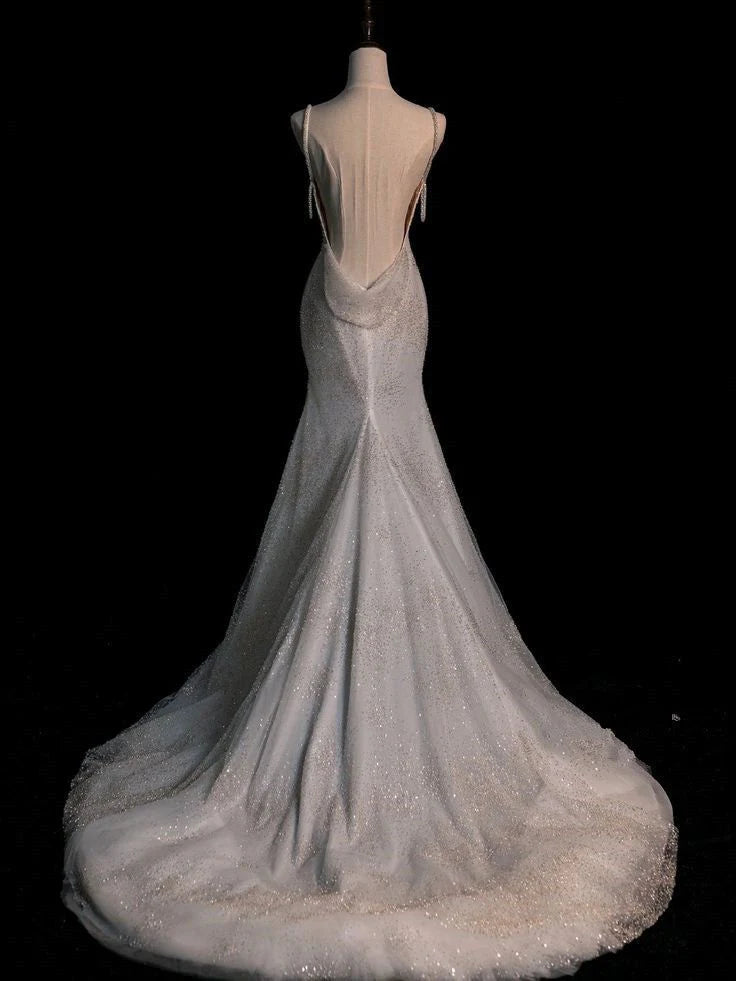 Robe de soirée longue à bretelles en strass blanc et paillettes brillantes, à la mode et élégante, robe de fiançailles nv3128