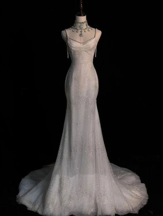 Robe de soirée longue à bretelles en strass blanc et paillettes brillantes, à la mode et élégante, robe de fiançailles nv3128