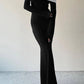 Black solid contrast off-the-shoulder one-step skirt ball gown evening dress nv1939