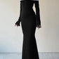 Black solid contrast off-the-shoulder one-step skirt ball gown evening dress nv1939