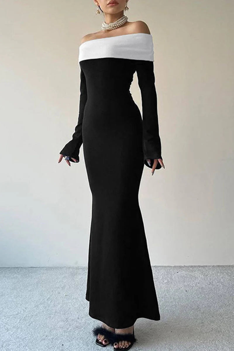 Black solid contrast off-the-shoulder one-step skirt ball gown evening dress nv1939