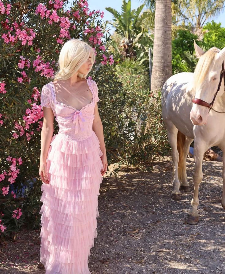 Rosa süßes und elegantes A-Linien-Kleid mit mehreren Lagen, Rüschen, langem Tüll-Prinzessinnenkleid, Ballkleid, Abschlusskleid, NV3283