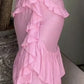 Robe de soirée élégante à bretelles spaghetti rose longue en mousseline à volants robe de soirée de mariage nv3324