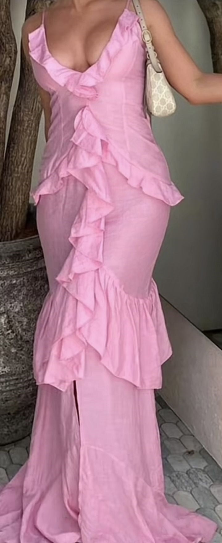 Robe de soirée élégante à bretelles spaghetti rose longue en mousseline à volants robe de soirée de mariage nv3324