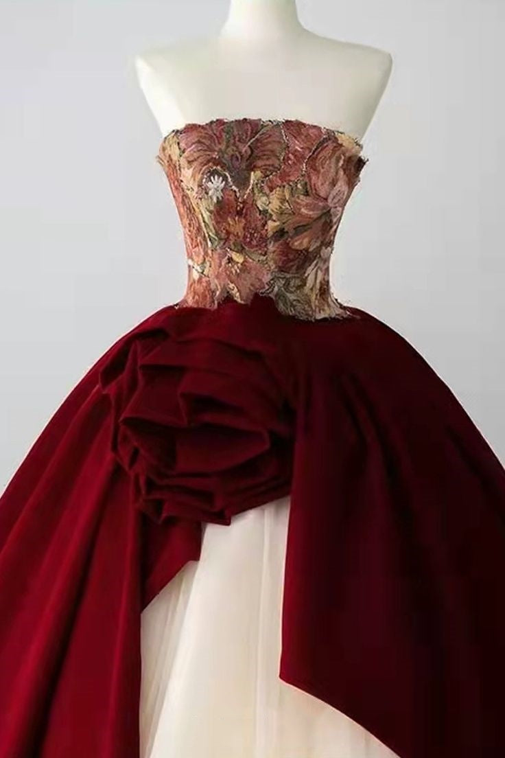 Robe de soirée longue rouge magnifique et exquise avec haut tube à fleurs nv3331