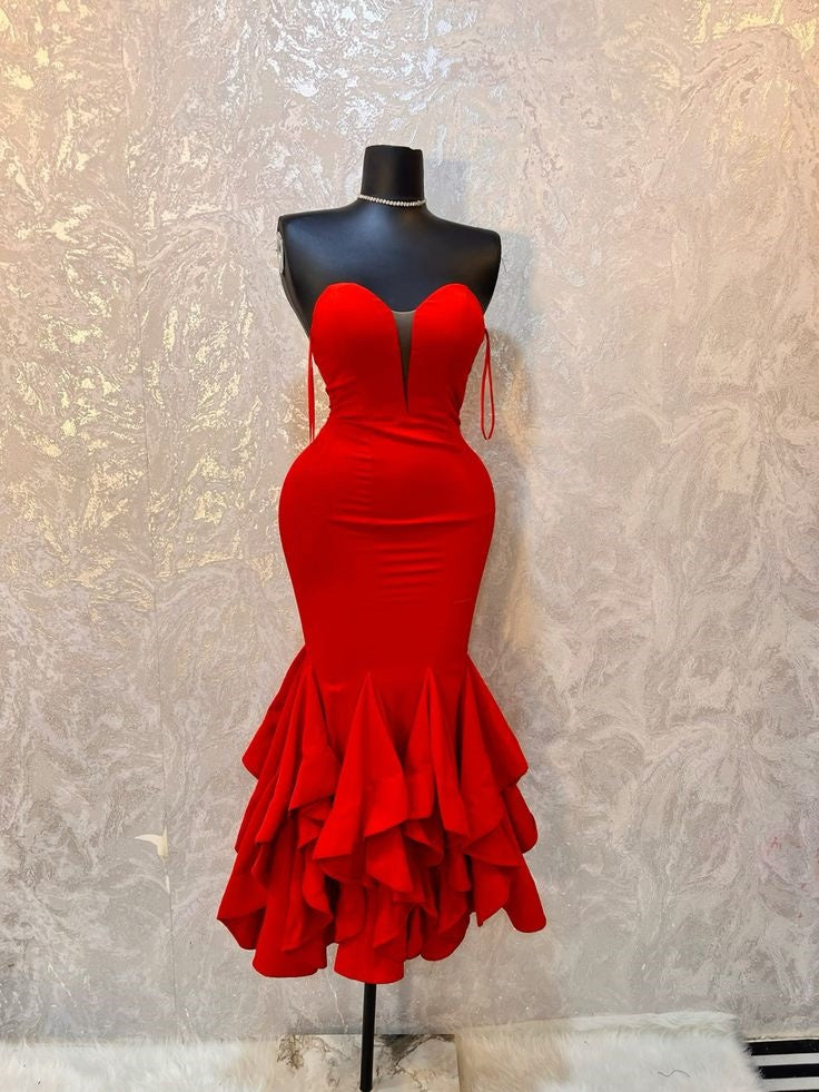 Robe de soirée longue à volants, robe de soirée élégante et tendance rouge nv3329