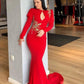 Red long sleeve fashion applique elegant sexy long mermaid fishtail ball gown evening dress prom dress nv3230