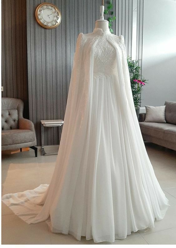 Ivory white gorgeous exquisite lace beading A-line long tulle cape ball gown evening dress wedding dress nv8